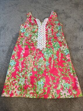 Lilly Pulitzer Bright Floral Pink Shift Dress with White Lace Trim
